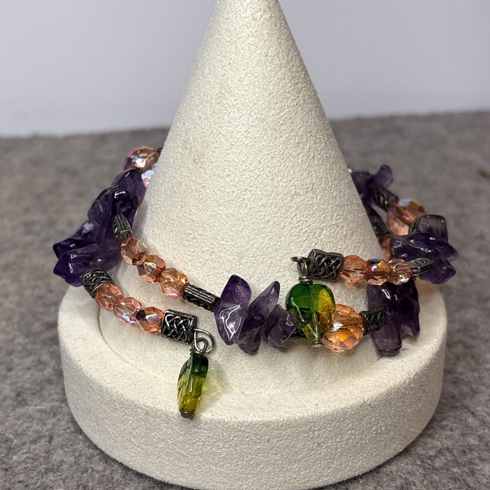 Amethyst Chip Memory Wire Wrap Bracelet Purple Glass Leaf Boho Artisan